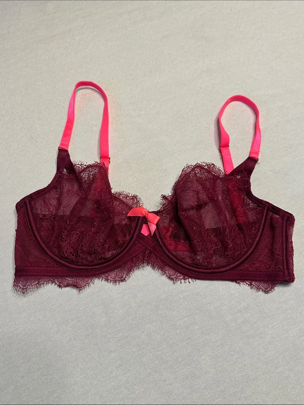 Victoria's Secret Burgundy Lace Underwire Bra with Pink Straps